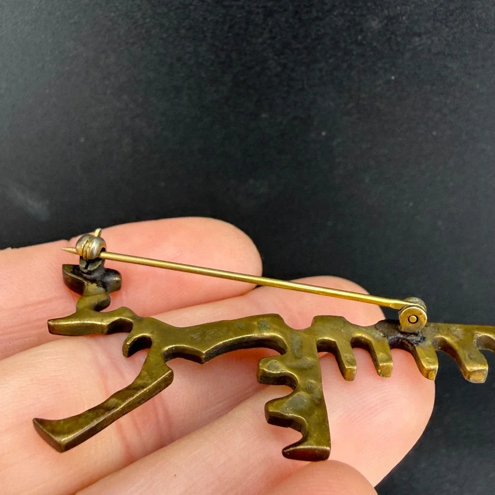 Vintage Brutalist Abstract Brooch Brass Tone Geometric Sculptural Pin READ